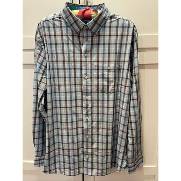 AVID Long Sleeve Button Up Shirt UV Protection Navy Coral Plaid NWT Men’s Sz M - Picture 1 of 7